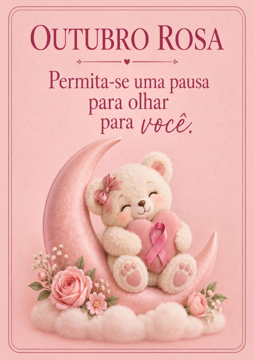 Imagem Outubro Rosa com ursinho de pelúcia sentado em lua crescente rosa, segurando coração com laço